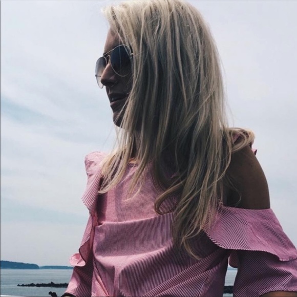 Club Monaco cold shoulder ruffle stripe top. - Picture 3 of 11